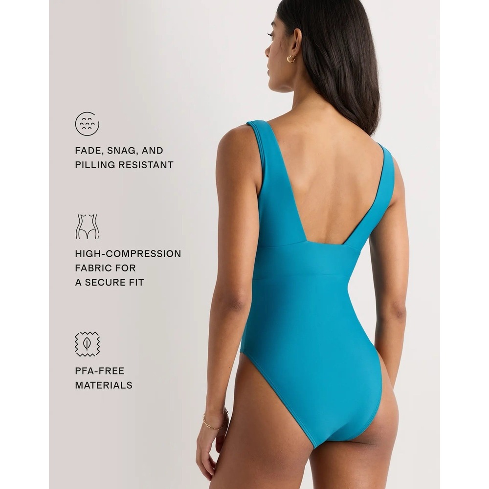 NWT Quince Lagoon Teal Blue Italian Plunge One-Piece Swimsuit Small - Picture 2 of 5